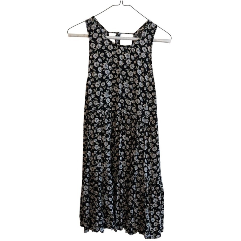 American Eagle Floral Babydoll Dress Black White Tiered Tie Back Mini Womens S